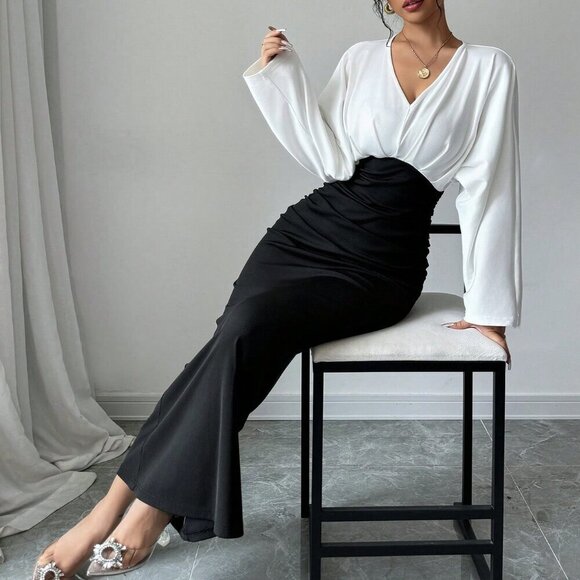 Black Elegant Women's Patchwork Long Sleeve Pleated Hem Casual Dress - Picture 3 of 6